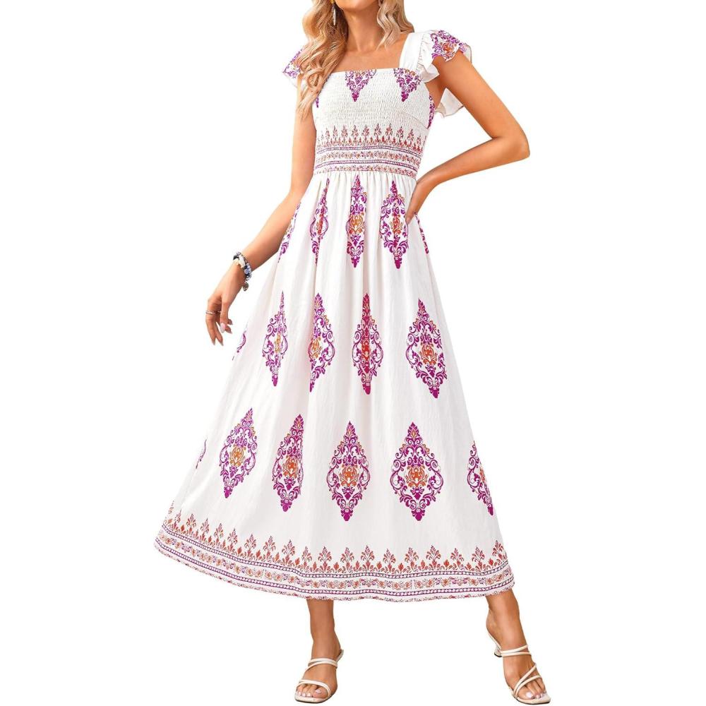 imageBTFBM Summer Dresses for Women 2026 Floral Smocked Boho Sleeveless Square Neck A Line Casual Beach Maxi Dress PocketsWhite Rose Red