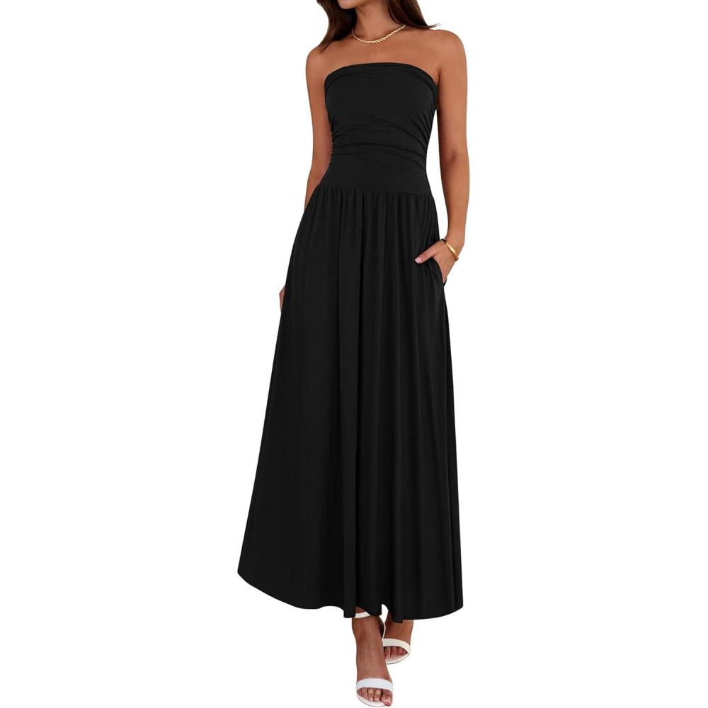 imageBTFBM Summer Maxi Dresses for Women 2026 Strapless Ruched Tube Top Beach Vacation Spring Wedding Guest Dress PocketsBlack