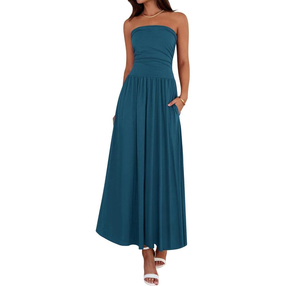 imageBTFBM Summer Maxi Dresses for Women 2026 Strapless Ruched Tube Top Beach Vacation Spring Wedding Guest Dress PocketsDark Blue