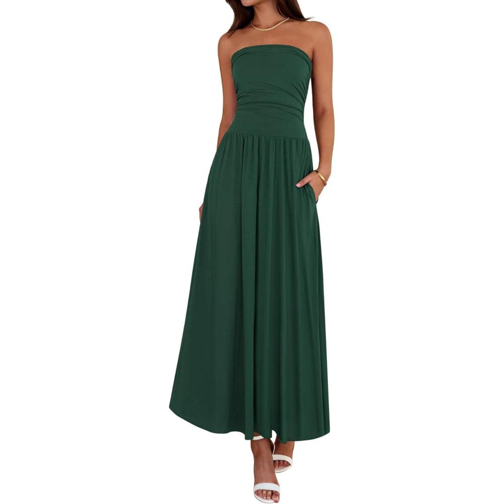 imageBTFBM Summer Maxi Dresses for Women 2026 Strapless Ruched Tube Top Beach Vacation Spring Wedding Guest Dress PocketsDark Green
