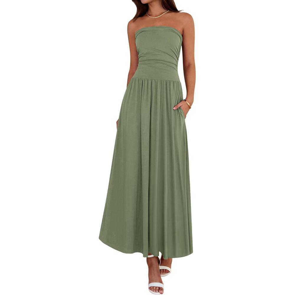 imageBTFBM Summer Maxi Dresses for Women 2026 Strapless Ruched Tube Top Beach Vacation Spring Wedding Guest Dress PocketsGreen