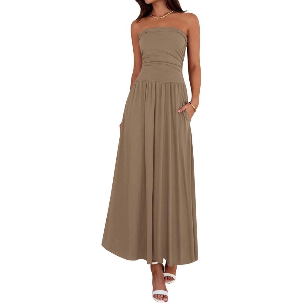 imageBTFBM Summer Maxi Dresses for Women 2026 Strapless Ruched Tube Top Beach Vacation Spring Wedding Guest Dress PocketsKhaki