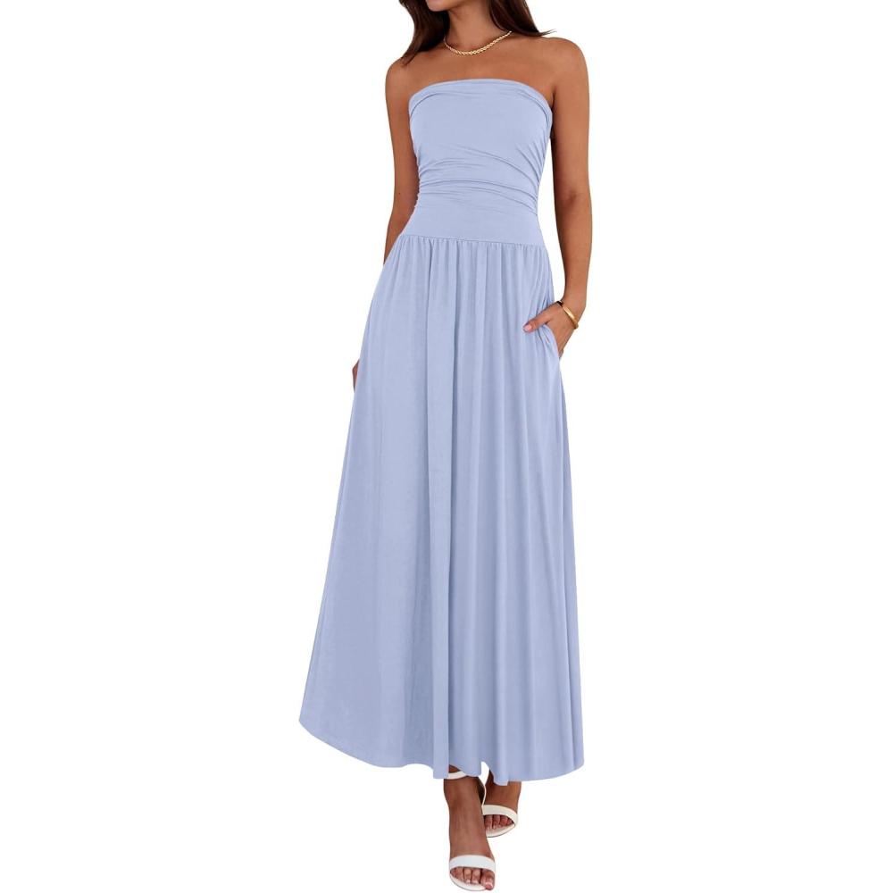 imageBTFBM Summer Maxi Dresses for Women 2026 Strapless Ruched Tube Top Beach Vacation Spring Wedding Guest Dress PocketsLight Blue