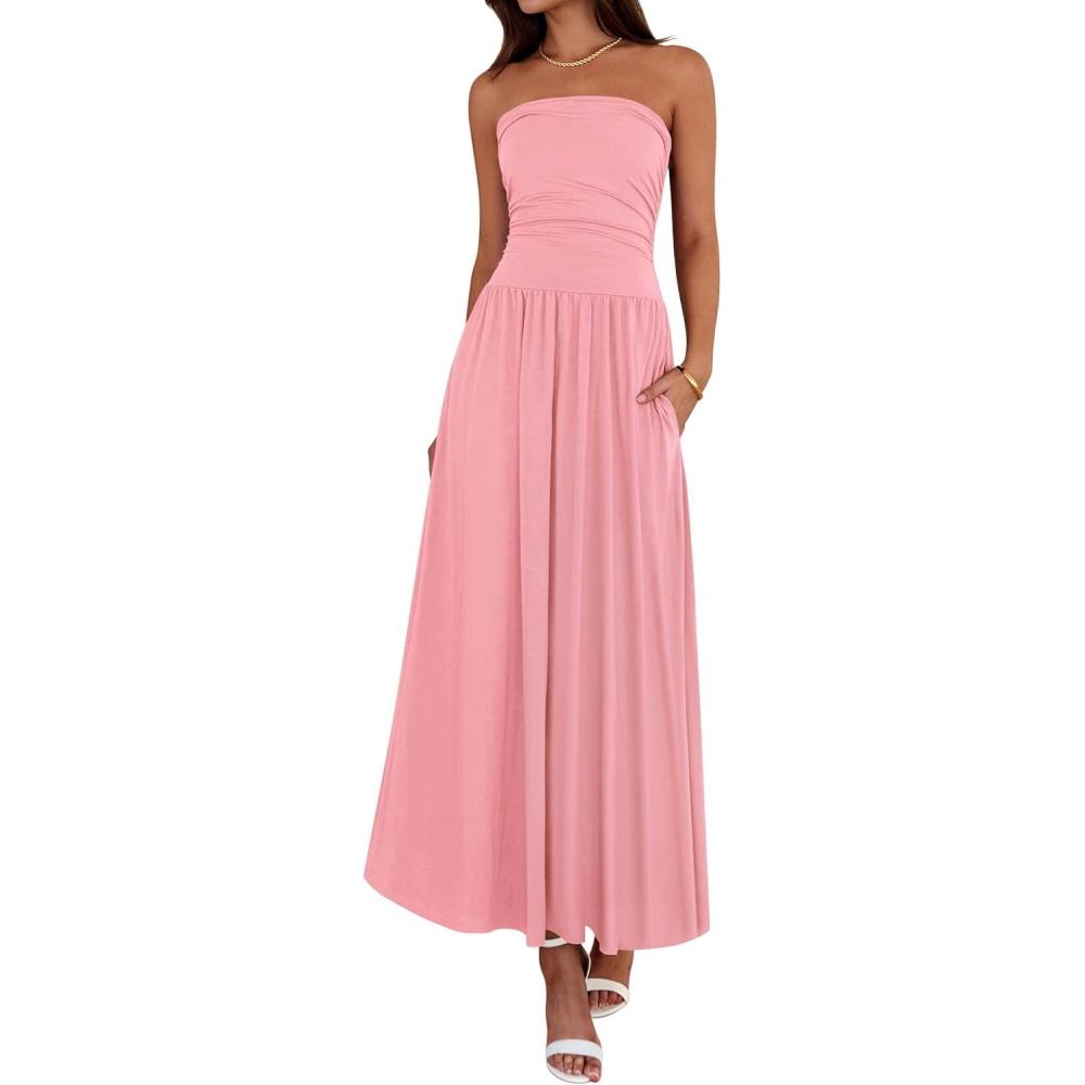 imageBTFBM Summer Maxi Dresses for Women 2026 Strapless Ruched Tube Top Beach Vacation Spring Wedding Guest Dress PocketsPink