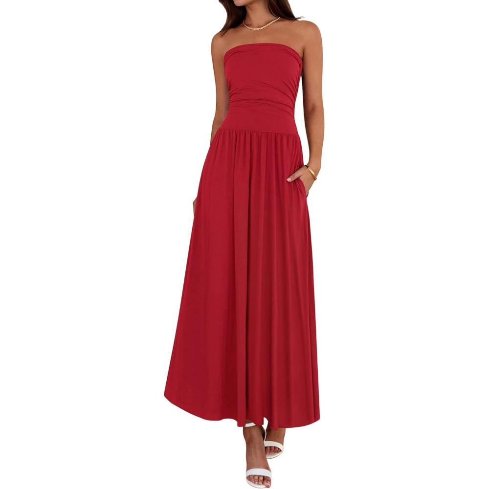 imageBTFBM Summer Maxi Dresses for Women 2026 Strapless Ruched Tube Top Beach Vacation Spring Wedding Guest Dress PocketsRed