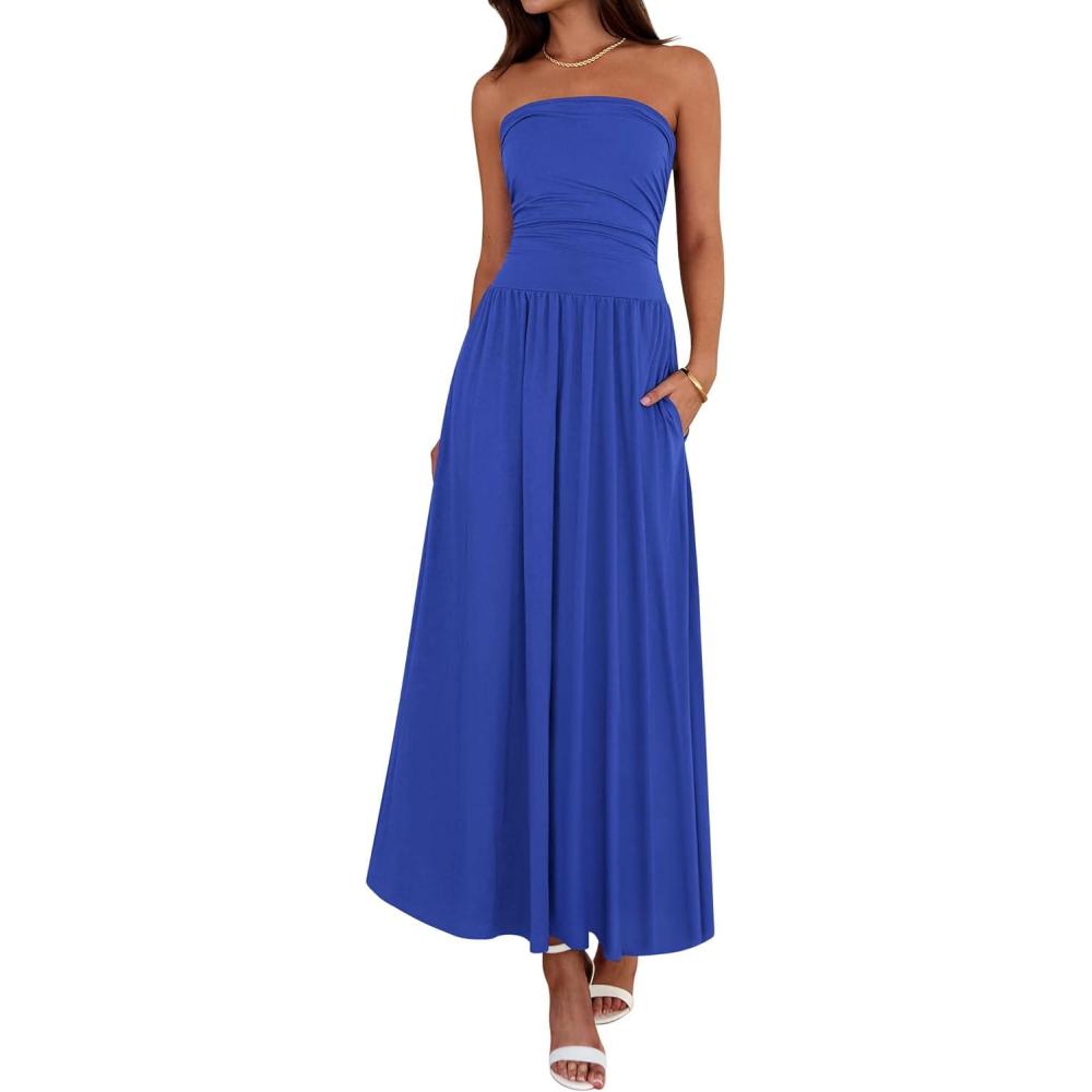 imageBTFBM Summer Maxi Dresses for Women 2026 Strapless Ruched Tube Top Beach Vacation Spring Wedding Guest Dress PocketsRoyal Blue