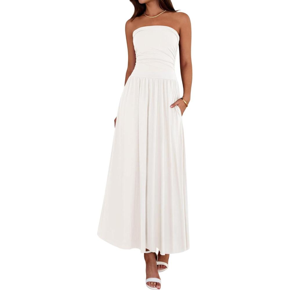 imageBTFBM Summer Maxi Dresses for Women 2026 Strapless Ruched Tube Top Beach Vacation Spring Wedding Guest Dress PocketsWhite