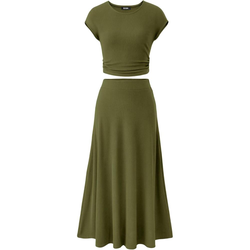 imageBTFBM Summer Outfits For Women 2026 Two Piece Sets Casual Crew Neck Short Sleeve Cropped Spring Tops Midi Skirt Lounge SetArmy Green