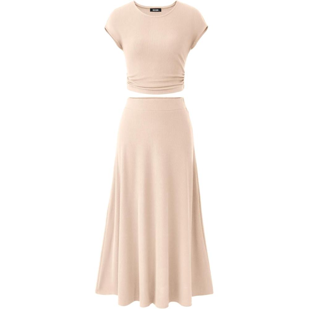 imageBTFBM Summer Outfits For Women 2026 Two Piece Sets Casual Crew Neck Short Sleeve Cropped Spring Tops Midi Skirt Lounge SetBeige