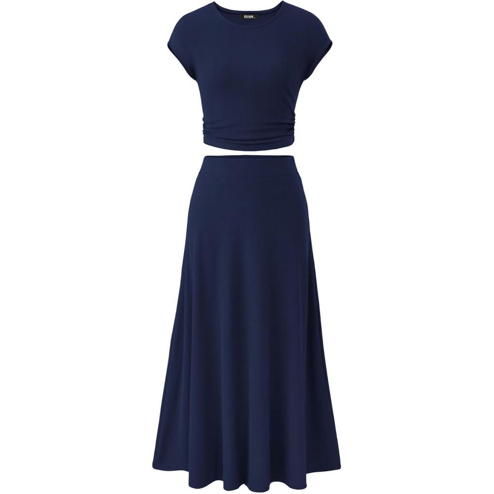 imageBTFBM Summer Outfits For Women 2026 Two Piece Sets Casual Crew Neck Short Sleeve Cropped Spring Tops Midi Skirt Lounge SetDark Blue