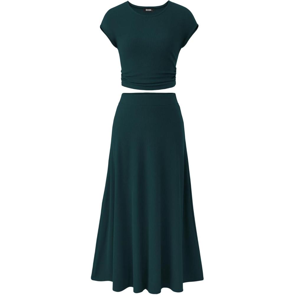 imageBTFBM Summer Outfits For Women 2026 Two Piece Sets Casual Crew Neck Short Sleeve Cropped Spring Tops Midi Skirt Lounge SetDark Green