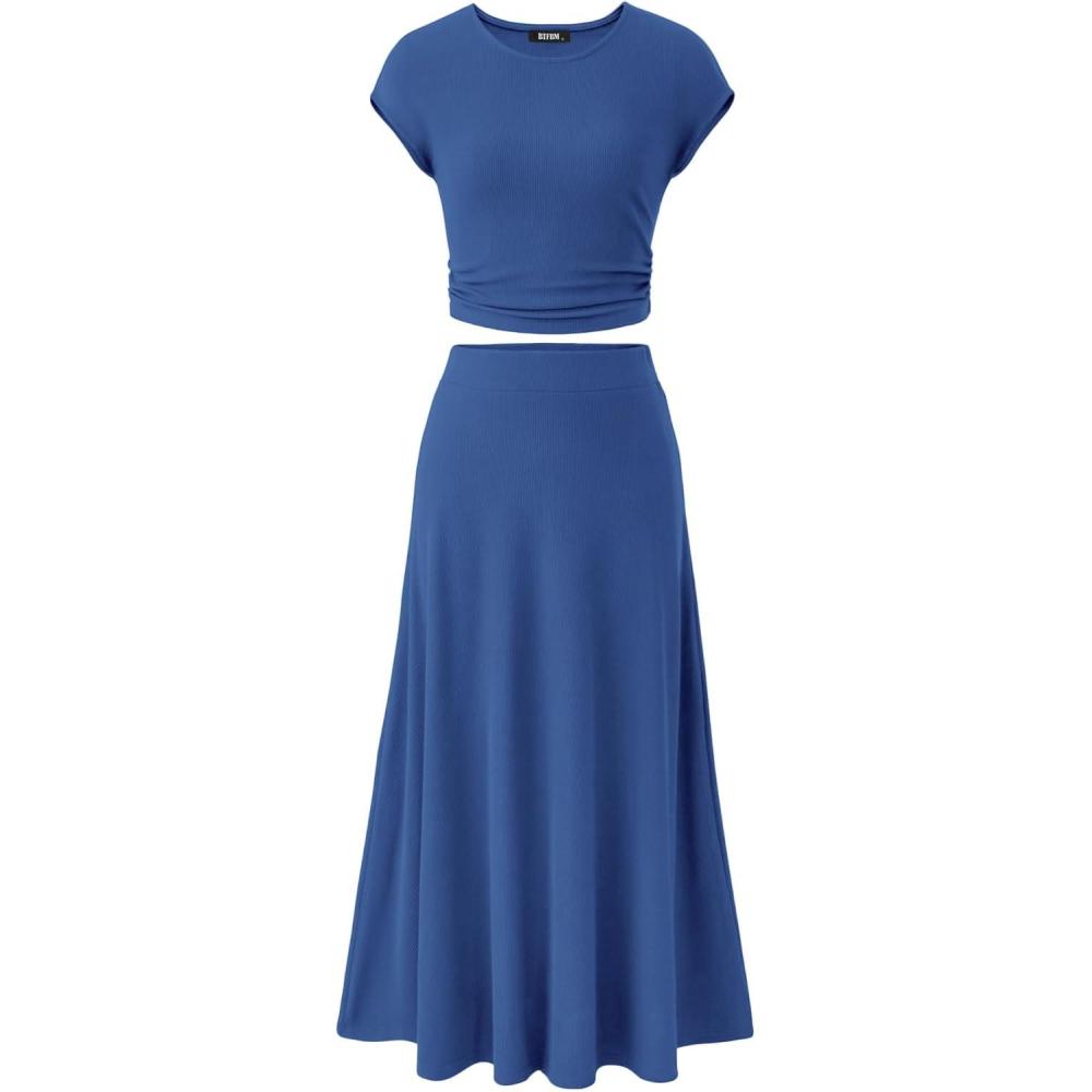 imageBTFBM Summer Outfits For Women 2026 Two Piece Sets Casual Crew Neck Short Sleeve Cropped Spring Tops Midi Skirt Lounge SetDeep Blue