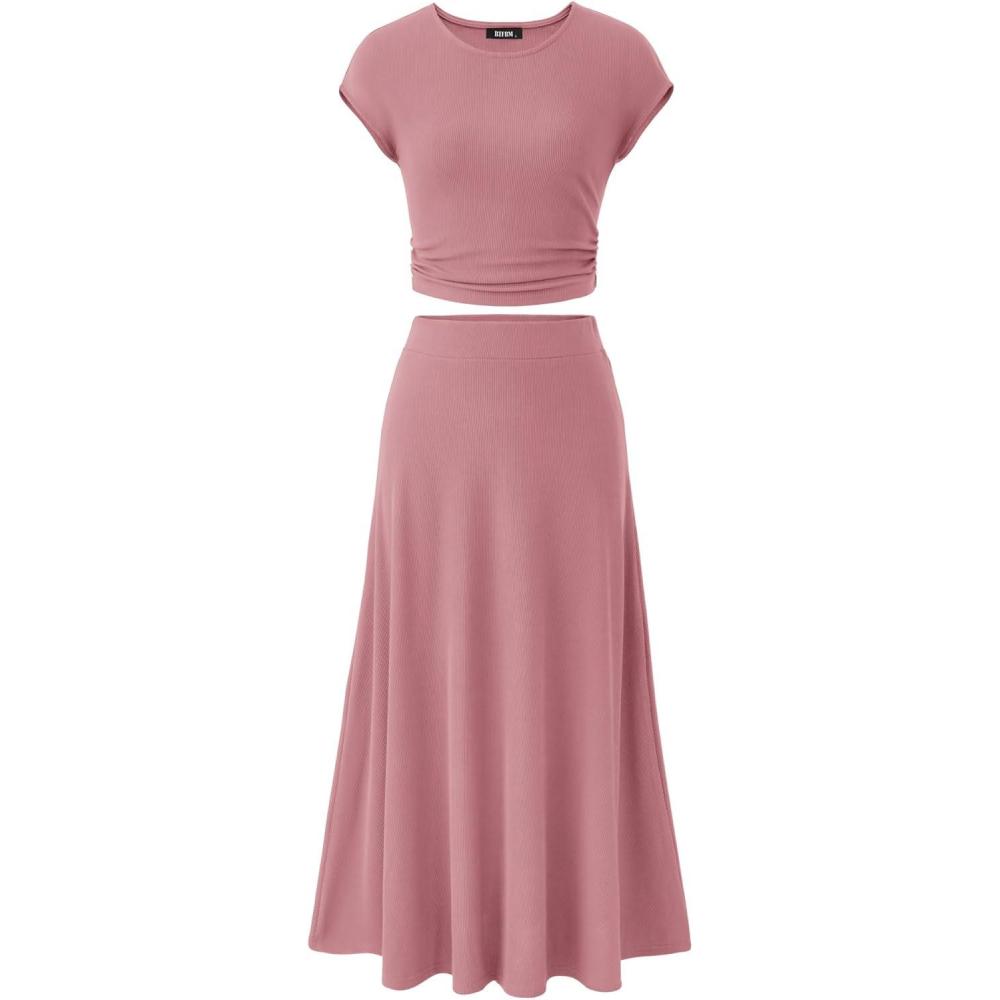 imageBTFBM Summer Outfits For Women 2026 Two Piece Sets Casual Crew Neck Short Sleeve Cropped Spring Tops Midi Skirt Lounge SetDusty Pink