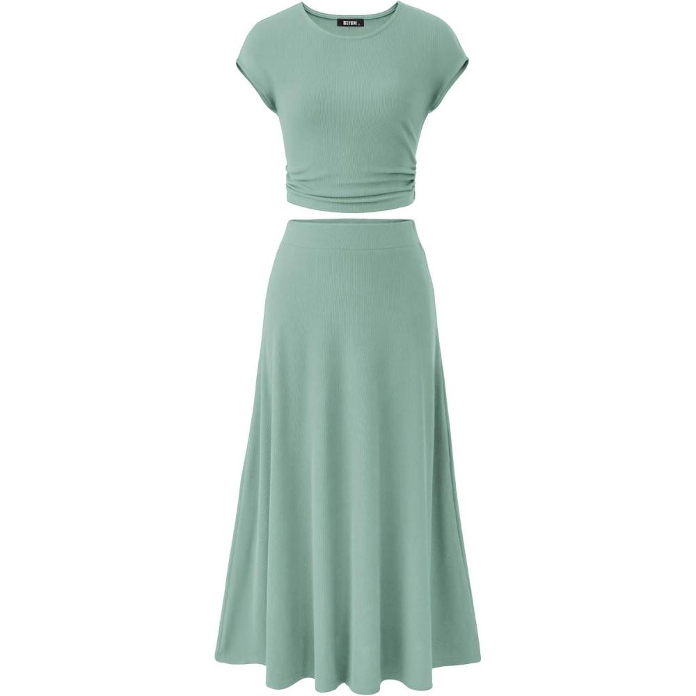 imageBTFBM Summer Outfits For Women 2026 Two Piece Sets Casual Crew Neck Short Sleeve Cropped Spring Tops Midi Skirt Lounge SetFruit Green