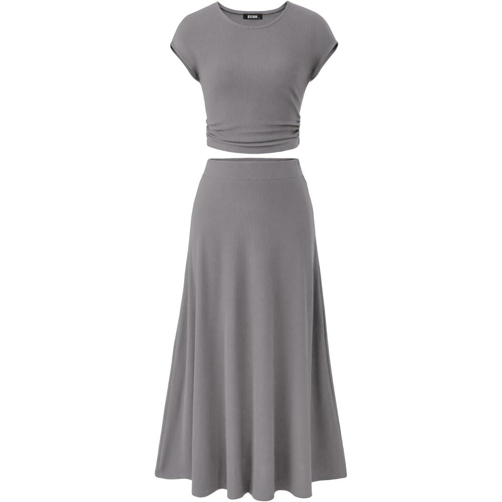 imageBTFBM Summer Outfits For Women 2026 Two Piece Sets Casual Crew Neck Short Sleeve Cropped Spring Tops Midi Skirt Lounge SetGrey