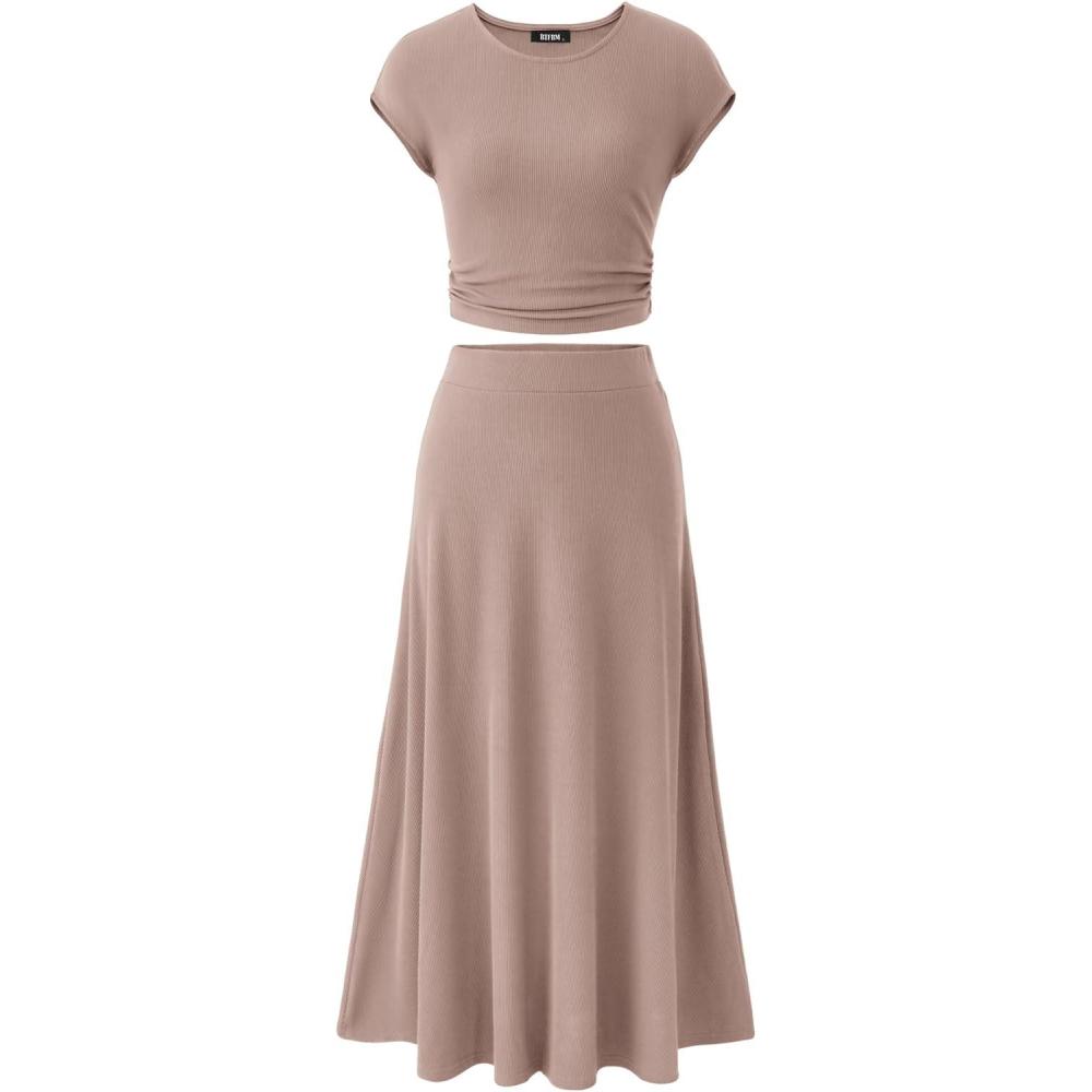 imageBTFBM Summer Outfits For Women 2026 Two Piece Sets Casual Crew Neck Short Sleeve Cropped Spring Tops Midi Skirt Lounge SetKhaki