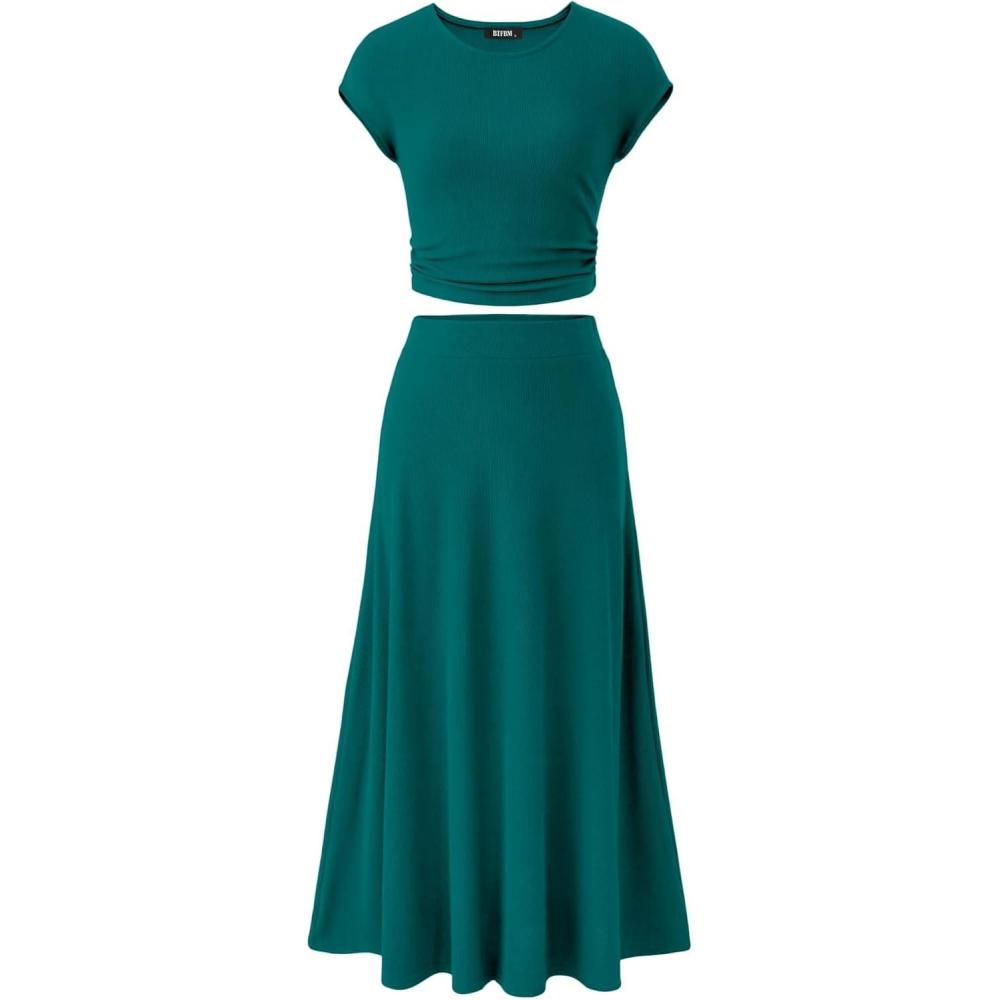 imageBTFBM Summer Outfits For Women 2026 Two Piece Sets Casual Crew Neck Short Sleeve Cropped Spring Tops Midi Skirt Lounge SetLake Green