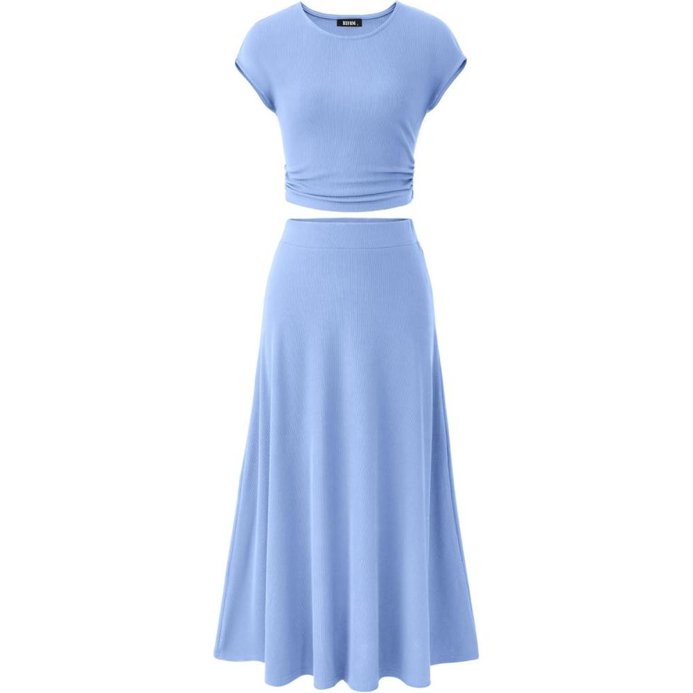 imageBTFBM Summer Outfits For Women 2026 Two Piece Sets Casual Crew Neck Short Sleeve Cropped Spring Tops Midi Skirt Lounge SetLight Blue
