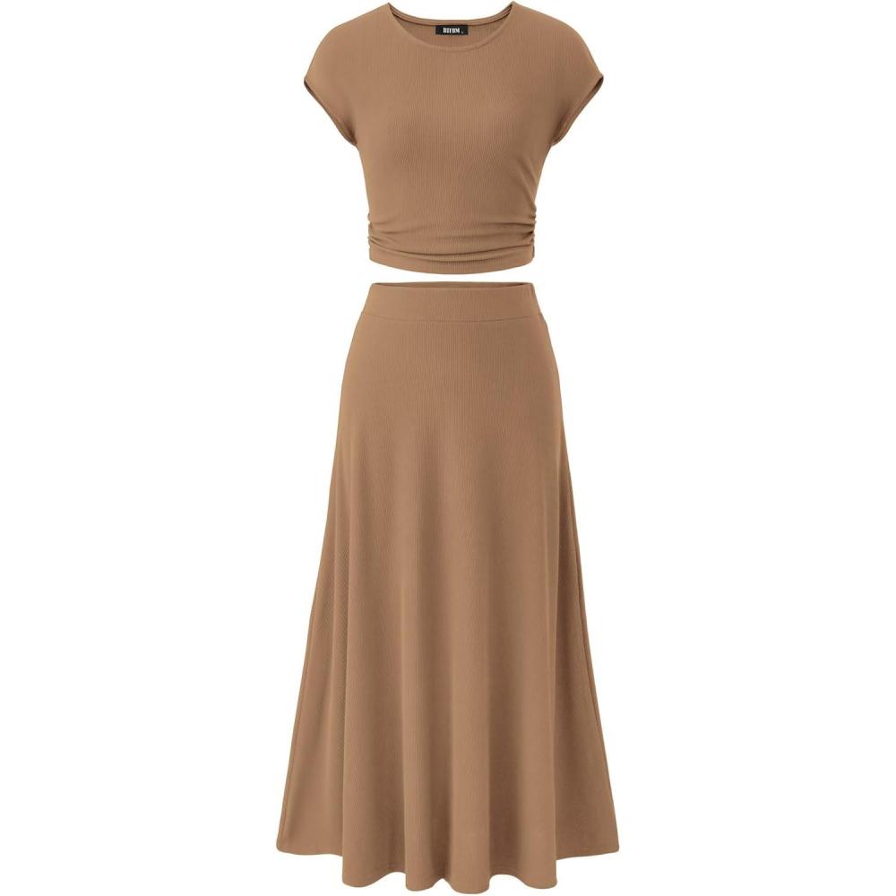 imageBTFBM Summer Outfits For Women 2026 Two Piece Sets Casual Crew Neck Short Sleeve Cropped Spring Tops Midi Skirt Lounge SetLight Brown