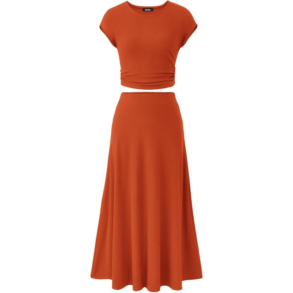 imageBTFBM Summer Outfits For Women 2026 Two Piece Sets Casual Crew Neck Short Sleeve Cropped Spring Tops Midi Skirt Lounge SetOrange