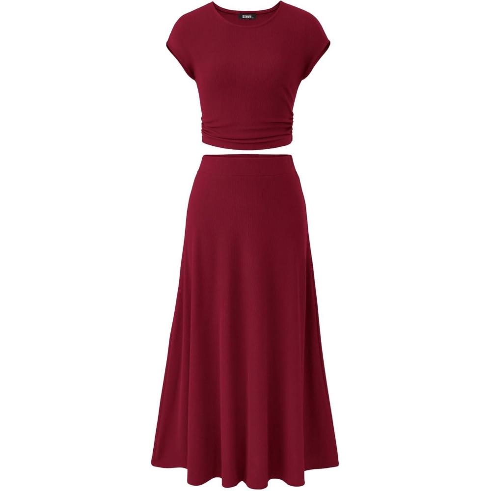 imageBTFBM Summer Outfits For Women 2026 Two Piece Sets Casual Crew Neck Short Sleeve Cropped Spring Tops Midi Skirt Lounge SetWine Red