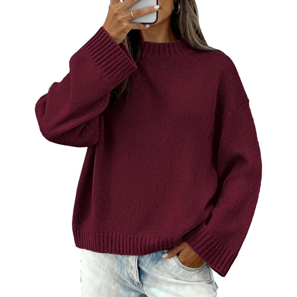 imageBTFBM Sweaters for Women 2025 Casual Crewneck Long Sleeve Loose Ribbed Knit Pullover Sweater Winter Clothes Fall OutfitsBurgundy