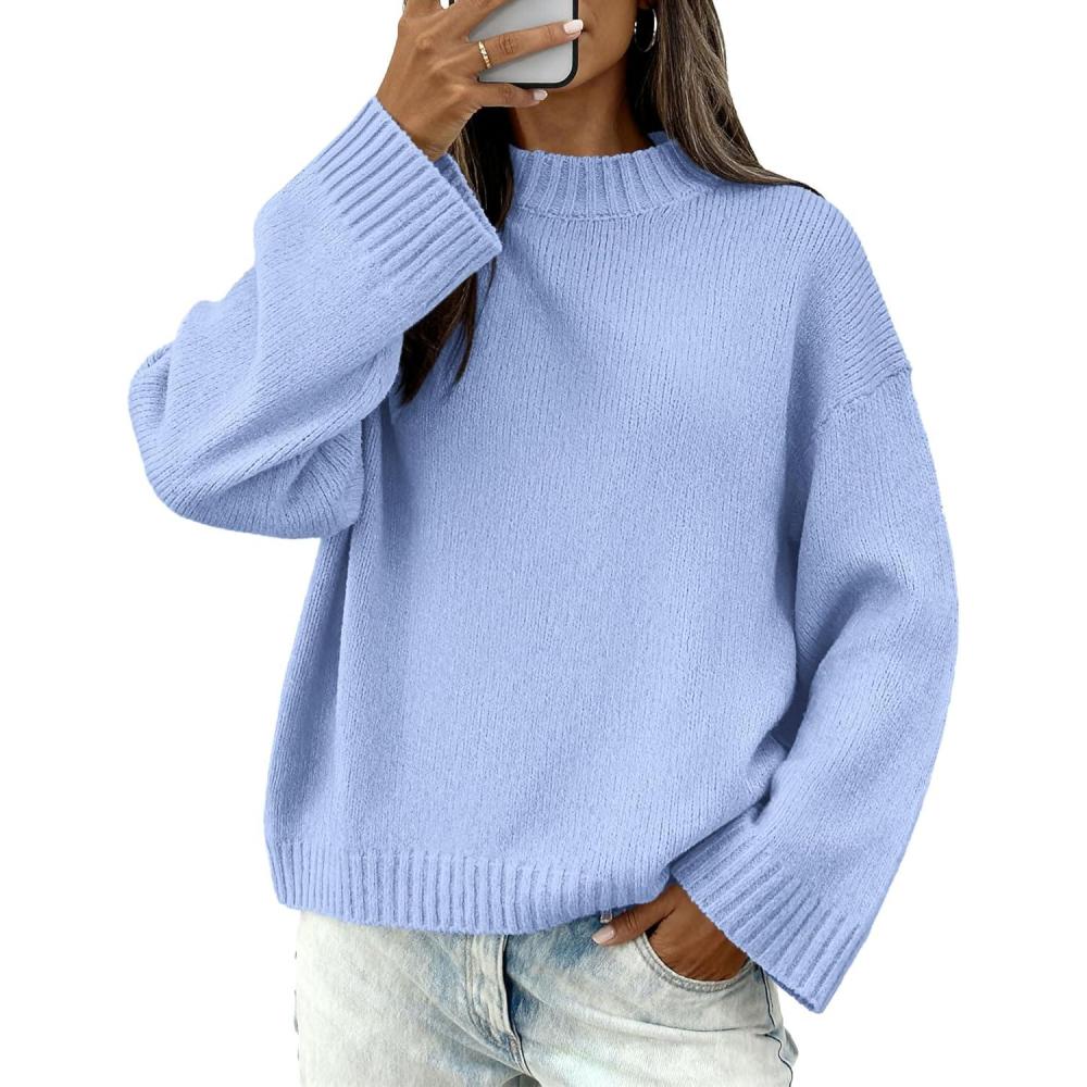 imageBTFBM Sweaters for Women 2025 Casual Crewneck Long Sleeve Loose Ribbed Knit Pullover Sweater Winter Clothes Fall OutfitsLight Blue