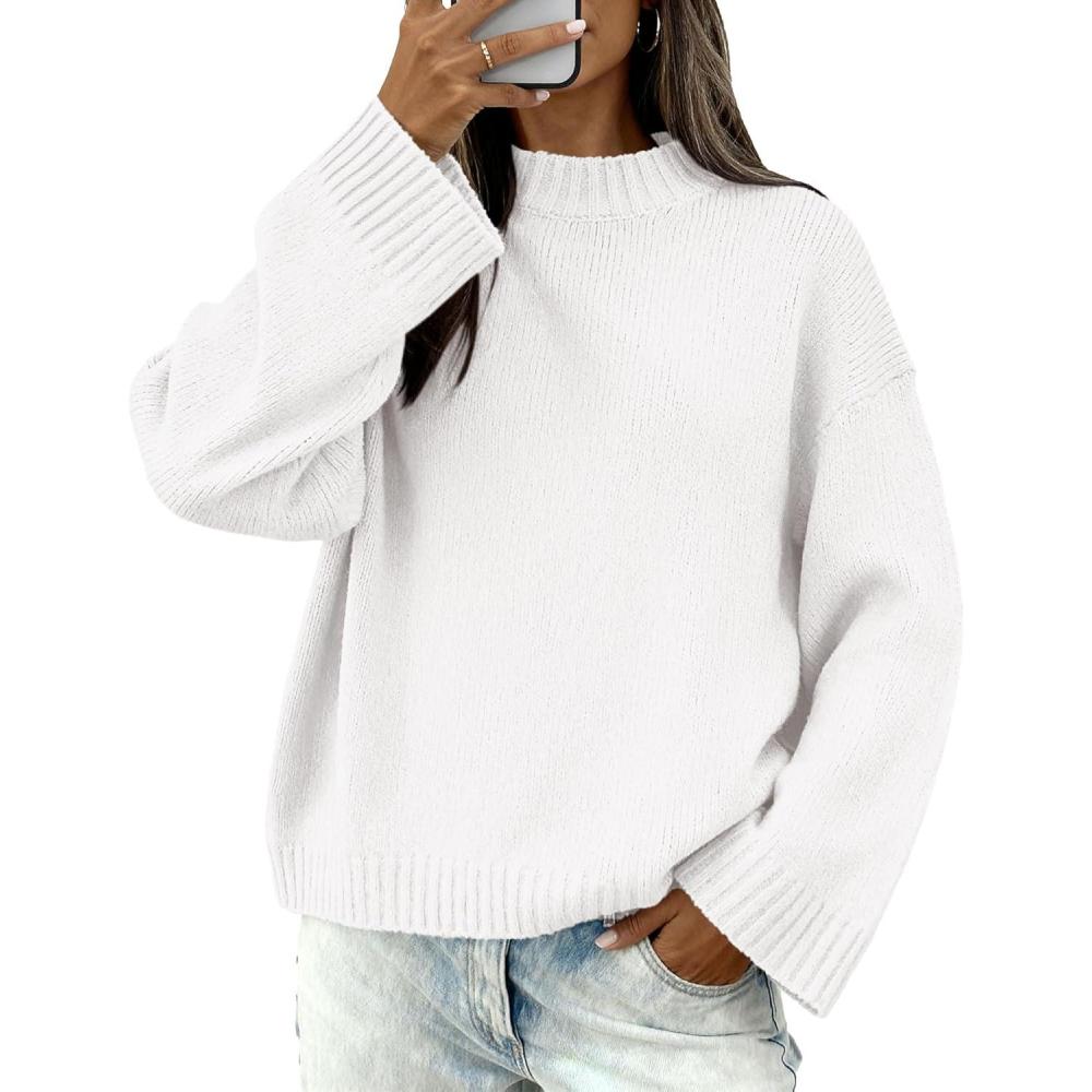 imageBTFBM Sweaters for Women 2025 Casual Crewneck Long Sleeve Loose Ribbed Knit Pullover Sweater Winter Clothes Fall OutfitsWhite