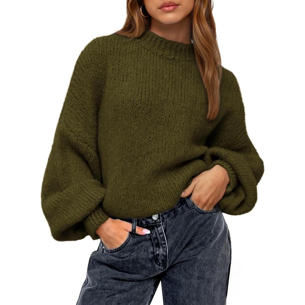 imageBTFBM Sweaters for Women Fall 2025 Crew Neck Lantern Long Sleeve Oversized Sweater Casual Knit Winter Pullover TopsArmy Green