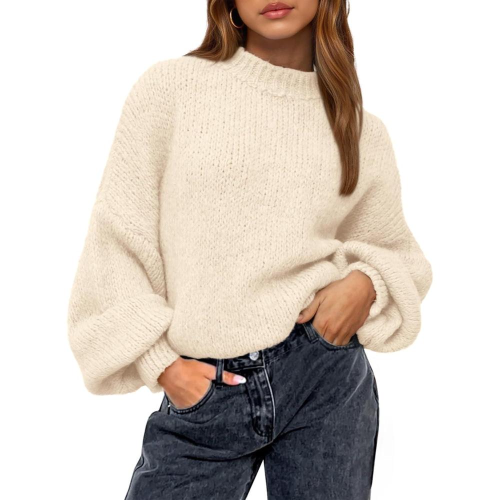 imageBTFBM Sweaters for Women Fall 2025 Crew Neck Lantern Long Sleeve Oversized Sweater Casual Knit Winter Pullover TopsBeige