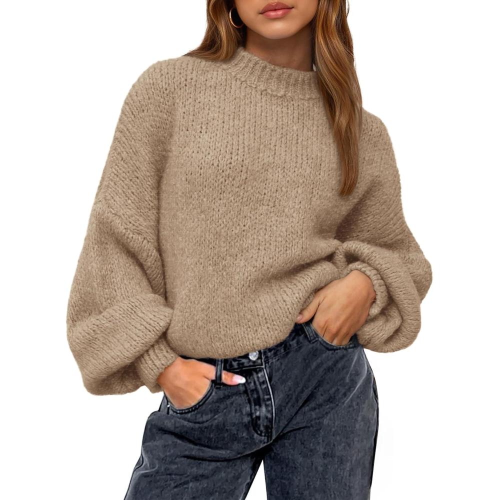 imageBTFBM Sweaters for Women Fall 2025 Crew Neck Lantern Long Sleeve Oversized Sweater Casual Knit Winter Pullover TopsKhaki