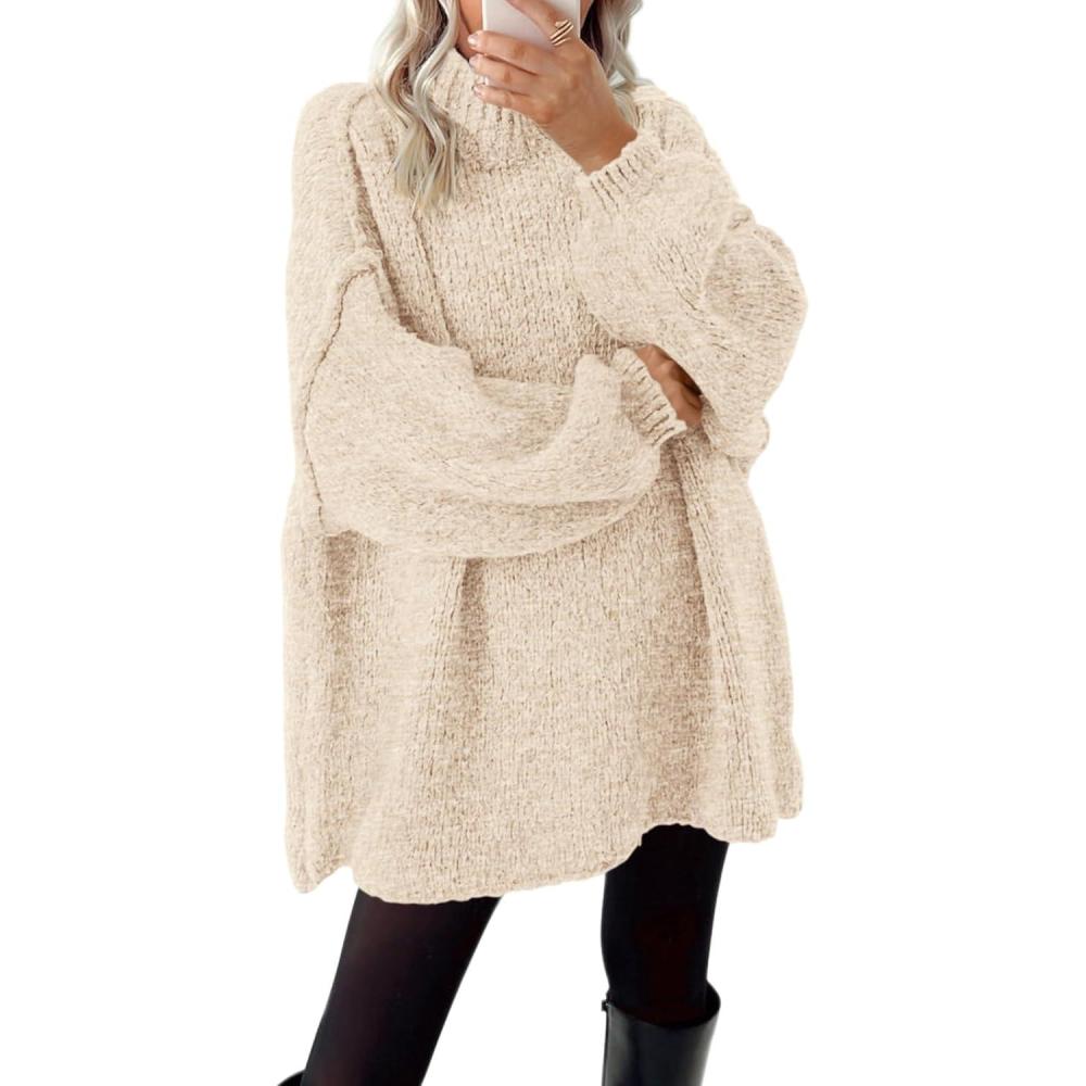 imageBTFBM Sweaters for Women Fall 2026 Long Sleeve Mock Neck Cable Knit Oversized Sweater Pullover Tops Thick Winter ClothesApricot
