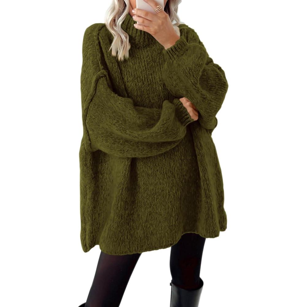 imageBTFBM Sweaters for Women Fall 2026 Long Sleeve Mock Neck Cable Knit Oversized Sweater Pullover Tops Thick Winter ClothesArmy Green