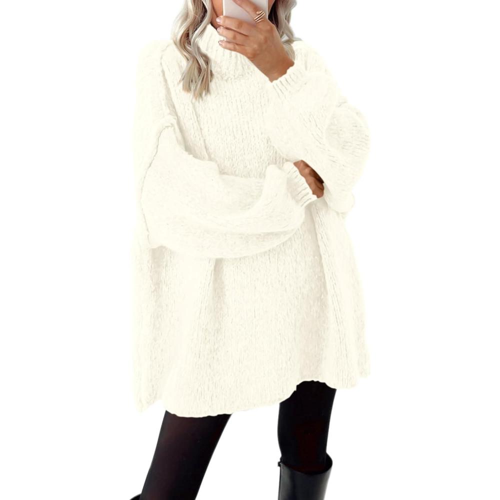 imageBTFBM Sweaters for Women Fall 2026 Long Sleeve Mock Neck Cable Knit Oversized Sweater Pullover Tops Thick Winter ClothesBeige White