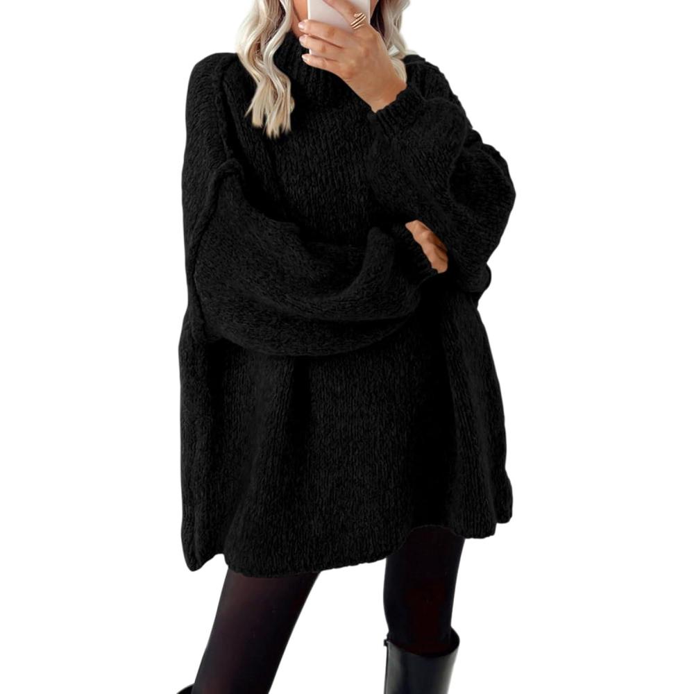 imageBTFBM Sweaters for Women Fall 2026 Long Sleeve Mock Neck Cable Knit Oversized Sweater Pullover Tops Thick Winter ClothesBlack