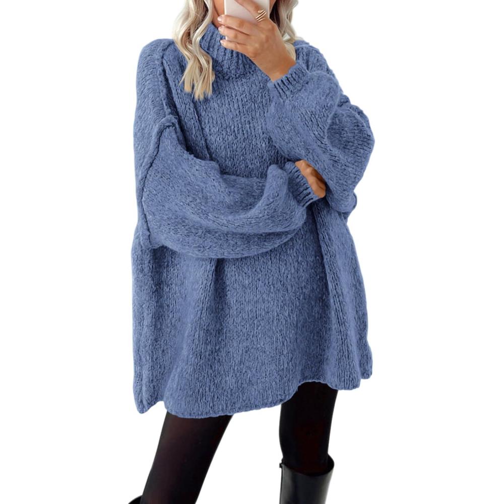imageBTFBM Sweaters for Women Fall 2026 Long Sleeve Mock Neck Cable Knit Oversized Sweater Pullover Tops Thick Winter ClothesBlue