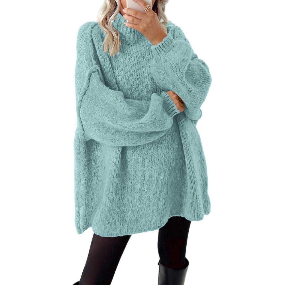 imageBTFBM Sweaters for Women Fall 2026 Long Sleeve Mock Neck Cable Knit Oversized Sweater Pullover Tops Thick Winter ClothesBright Lake Blue