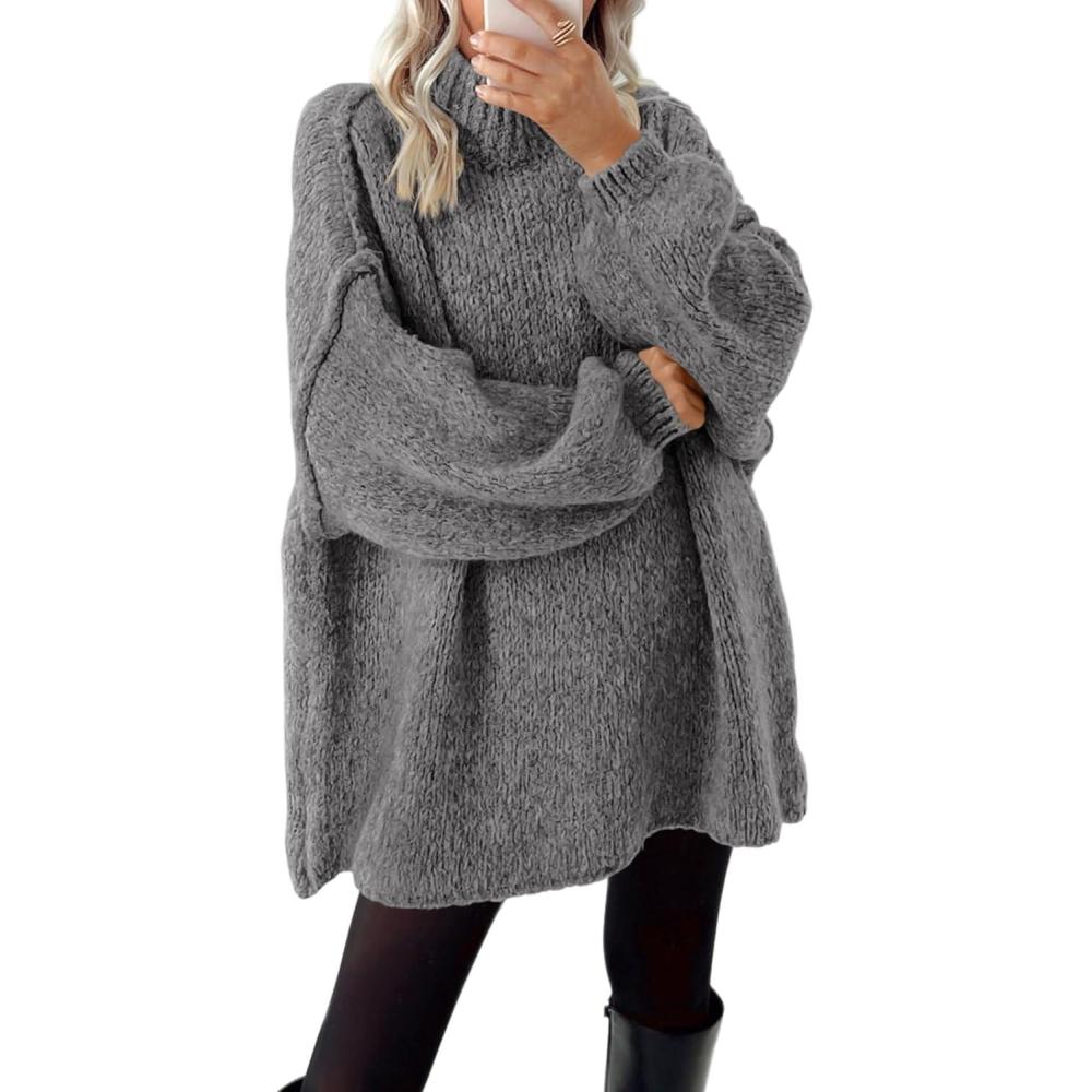 imageBTFBM Sweaters for Women Fall 2026 Long Sleeve Mock Neck Cable Knit Oversized Sweater Pullover Tops Thick Winter ClothesGrey