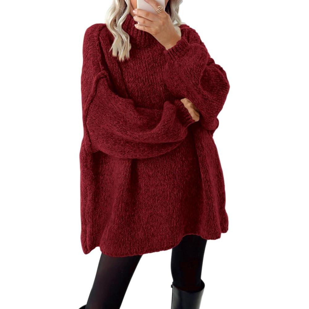 imageBTFBM Sweaters for Women Fall 2026 Long Sleeve Mock Neck Cable Knit Oversized Sweater Pullover Tops Thick Winter ClothesWine Red