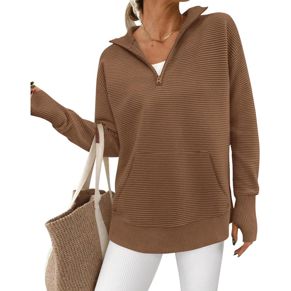 imageBTFBM Sweaters for Women Fall Clothes 2025 Pocket Quarter Zip Pullover V Neck Long Sleeve Knit Trendy Winter SweaterBrown