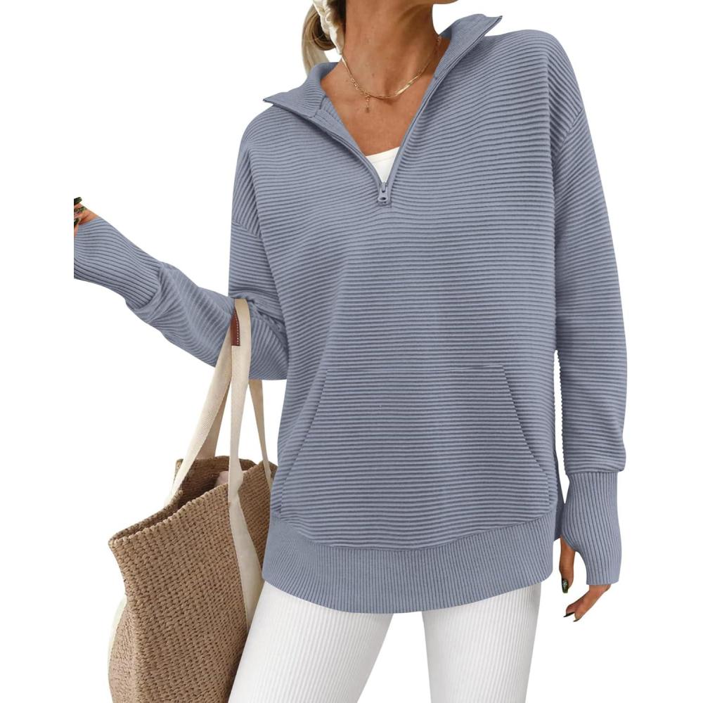 imageBTFBM Sweaters for Women Fall Clothes 2025 Pocket Quarter Zip Pullover V Neck Long Sleeve Knit Trendy Winter SweaterGrey