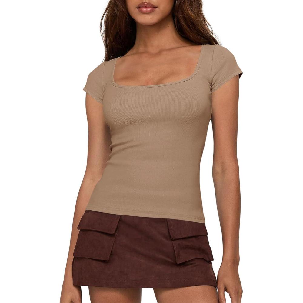 imageBTFBM T Shirts for Women Square Neck Tops 2026 Spring Trendy Fashion Going Out Workout Y2k Clothes Summer OutfitsLight Khaki