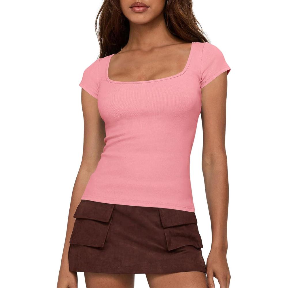 imageBTFBM T Shirts for Women Square Neck Tops 2026 Spring Trendy Fashion Going Out Workout Y2k Clothes Summer OutfitsPink