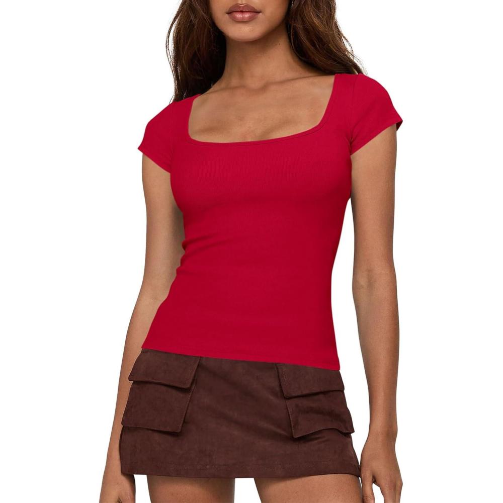 imageBTFBM T Shirts for Women Square Neck Tops 2026 Spring Trendy Fashion Going Out Workout Y2k Clothes Summer OutfitsRed