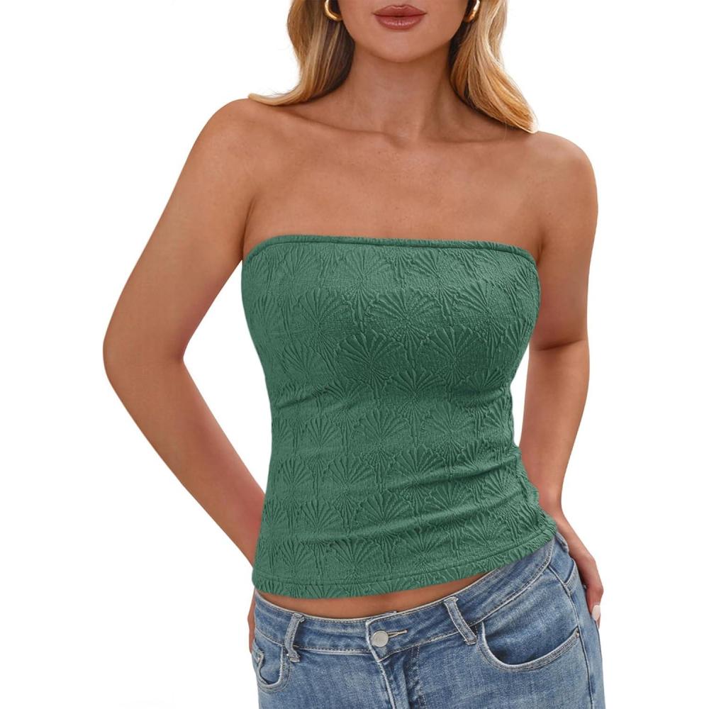 imageBTFBM Tube Tops for Women Spring Summer 2026 Backless Fitted Floral Embroidery Going Out Bandeau Top Beach VacationGreen
