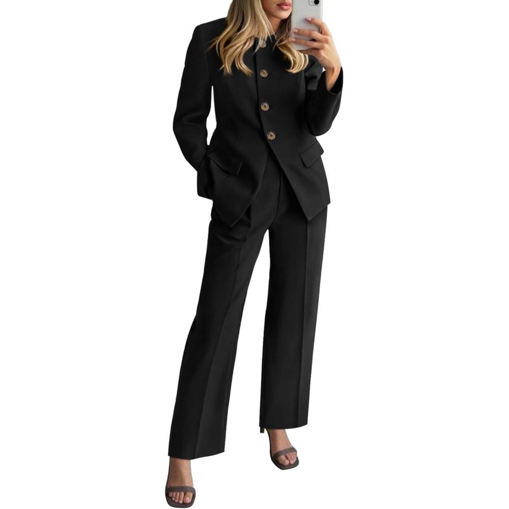imageBTFBM Two Piece Set for Women Fall Fashion 2025 Business Casual Long Sleeve Blazer Jackets Wide Leg Pant Suits PocketsBlack