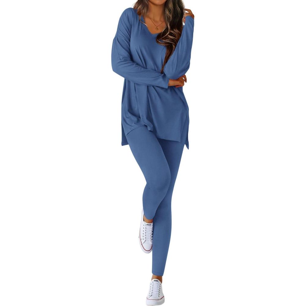 imageBTFBM Two Piece Sets for Women 2025 Casual Lounge Set Matching Oversized Shirts Leggings Workout Airport Travel OutfitsDusty Blue