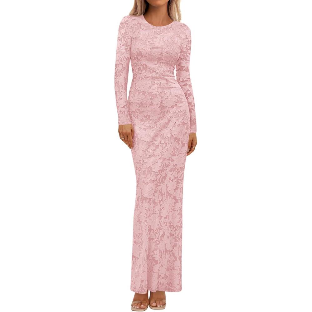 imageBTFBM Wedding Guest Dresses for Women 2025 Fall Elegant Floral Lace Ruched Long Sleeve Bodycon Cocktail Party Maxi DressPink