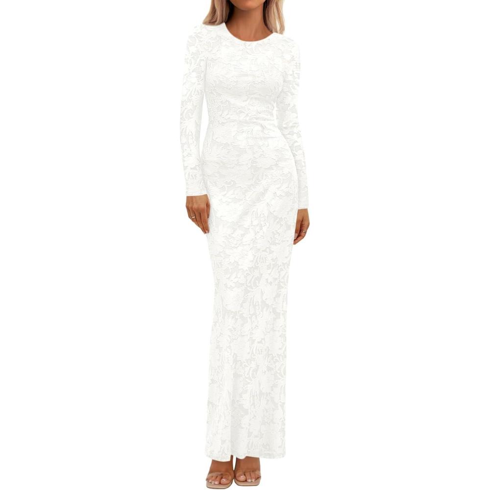 imageBTFBM Wedding Guest Dresses for Women 2025 Fall Elegant Floral Lace Ruched Long Sleeve Bodycon Cocktail Party Maxi DressWhite