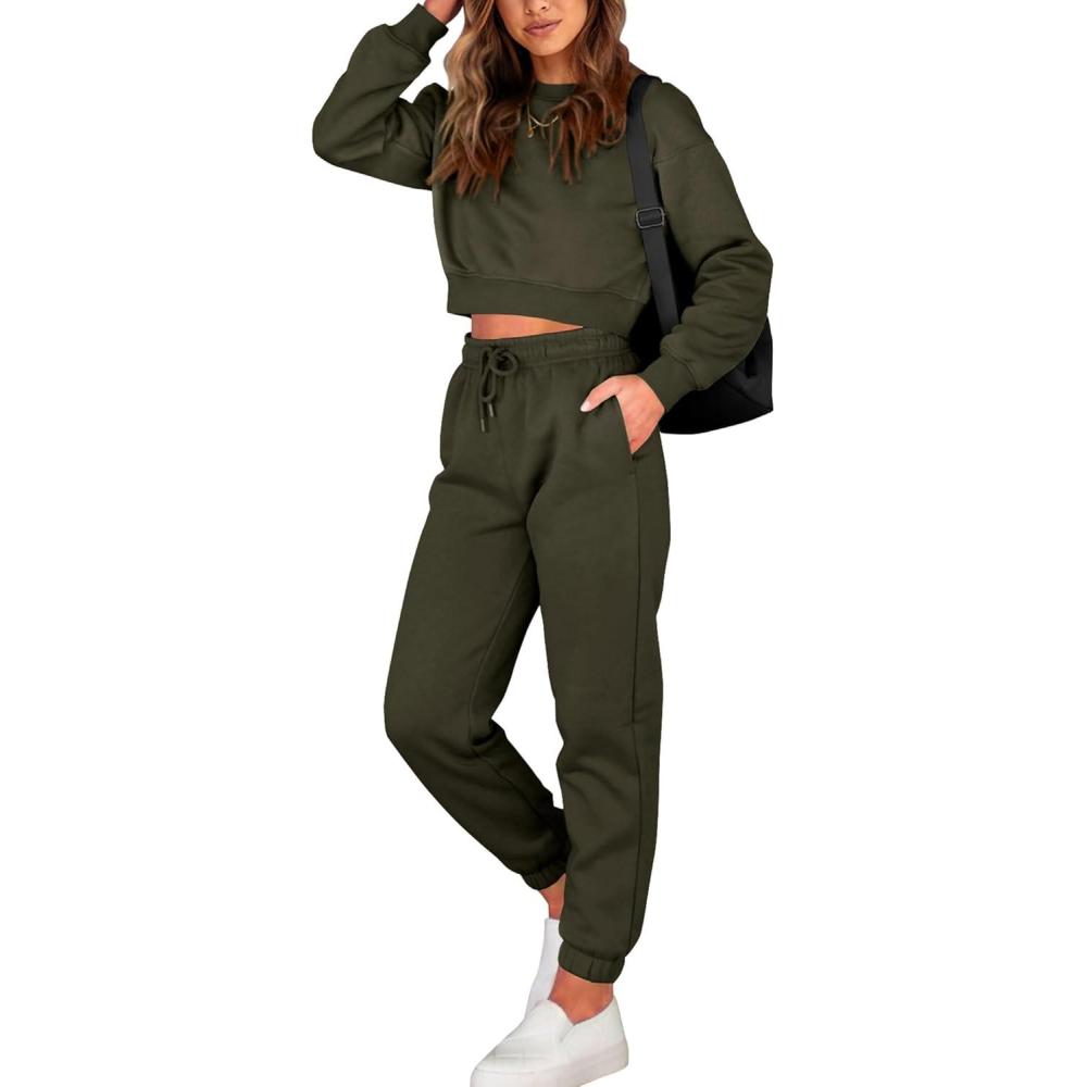 imageBTFBM Women 2 Piece Outfits Long Sleeve Crop Top Pullover Drawstring Pant Jogger Set Casual Sweatsuits Tracksuit PocketsArmy Green